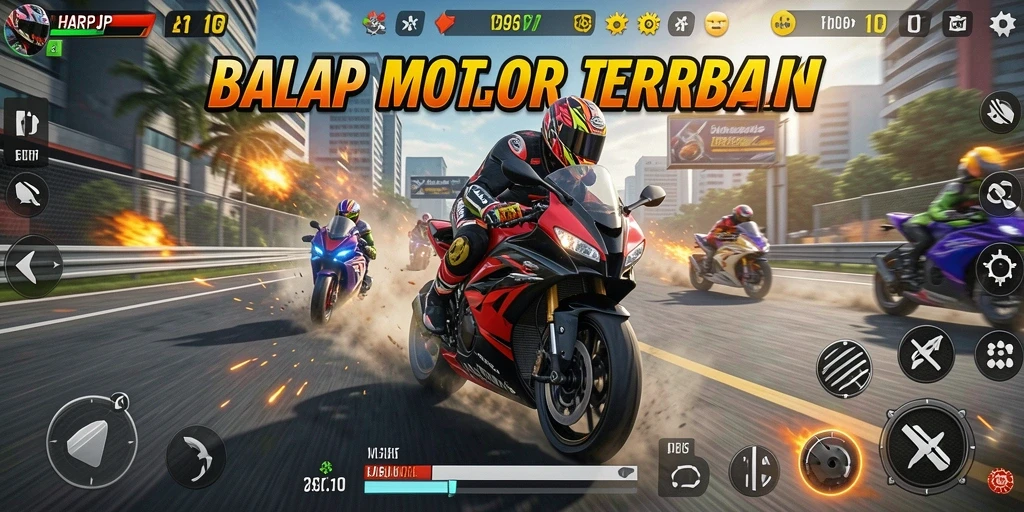 Gameplay seru dan mendebarkan di HARAPJP saat balap motor.