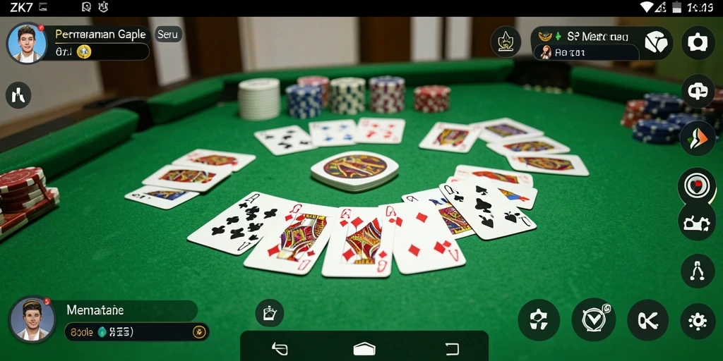 Tampilan gameplay ZK7 dengan suasana permainan Gaple yang menggembirakan.
